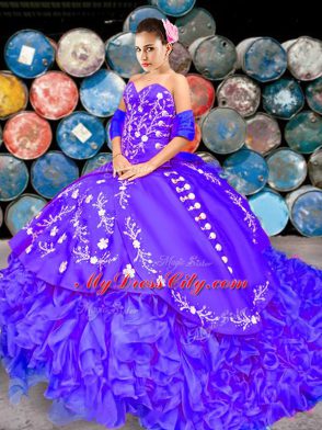 Purple Sweetheart Neckline Embroidery and Ruffles Quince Ball Gowns Sleeveless Lace Up