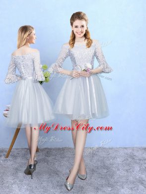 Excellent With Train Silver Bridesmaids Dress Off The Shoulder Half Sleeves Lace Up