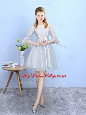Excellent With Train Silver Bridesmaids Dress Off The Shoulder Half Sleeves Lace Up