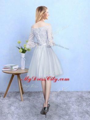 Excellent With Train Silver Bridesmaids Dress Off The Shoulder Half Sleeves Lace Up