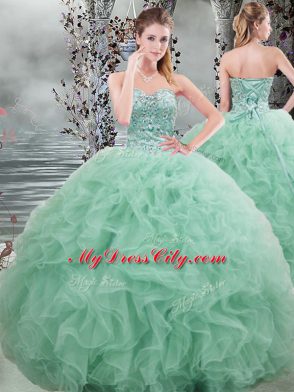 Fashionable Apple Green Sleeveless Beading and Ruffles Floor Length Quinceanera Dresses