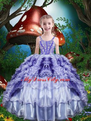 Purple Ball Gowns Straps Sleeveless Organza Floor Length Lace Up Beading and Ruffles and Ruffled Layers High School Pageant Dress