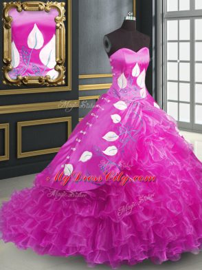 Shining Embroidery and Ruffles Quinceanera Gowns Fuchsia Lace Up Sleeveless Brush Train