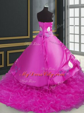 Shining Embroidery and Ruffles Quinceanera Gowns Fuchsia Lace Up Sleeveless Brush Train