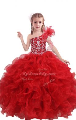 Graceful Red Sleeveless Beading and Ruffles Floor Length Party Dress Wholesale