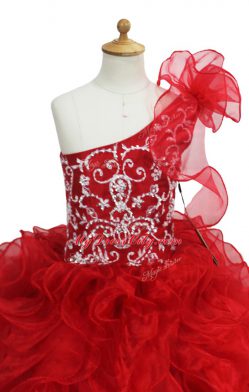 Graceful Red Sleeveless Beading and Ruffles Floor Length Party Dress Wholesale