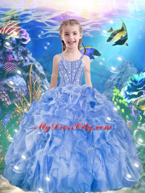 Light Blue Ball Gowns Organza Straps Sleeveless Beading and Ruffles Floor Length Lace Up Little Girls Pageant Gowns