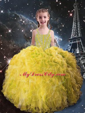 Luxurious Light Yellow Straps Lace Up Beading and Ruffles Pageant Dress Toddler Sleeveless