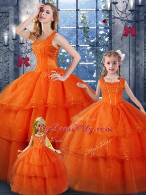 Ball Gowns Quince Ball Gowns Orange Red Straps Organza Sleeveless Floor Length Lace Up