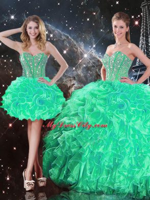 Sleeveless Organza Floor Length Lace Up Vestidos de Quinceanera in Turquoise with Beading and Ruffles