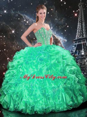Sleeveless Organza Floor Length Lace Up Vestidos de Quinceanera in Turquoise with Beading and Ruffles