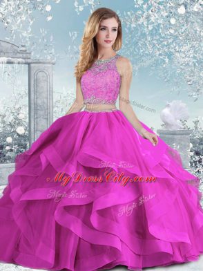 Ball Gowns Sweet 16 Dress Fuchsia Scoop Organza Sleeveless Floor Length Clasp Handle