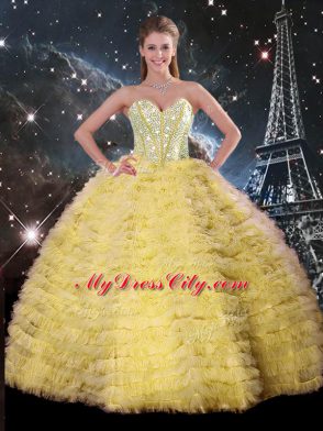 Unique Yellow Ball Gowns Tulle Sweetheart Sleeveless Beading and Ruffles Floor Length Lace Up Sweet 16 Dresses
