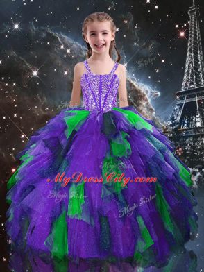 Eggplant Purple Tulle Lace Up Straps Sleeveless Floor Length Winning Pageant Gowns Beading and Ruffles