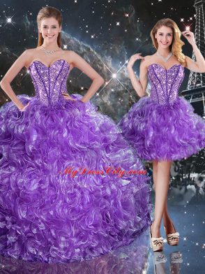Best Eggplant Purple Three Pieces Organza Sweetheart Sleeveless Beading Floor Length Lace Up Sweet 16 Dresses