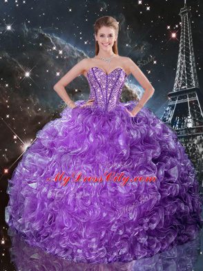 Best Eggplant Purple Three Pieces Organza Sweetheart Sleeveless Beading Floor Length Lace Up Sweet 16 Dresses
