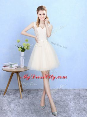 High Quality Knee Length Champagne Bridesmaid Gown Tulle Sleeveless Lace