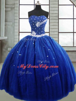 Royal Blue Tulle Lace Up Strapless Sleeveless Floor Length Quince Ball Gowns Beading