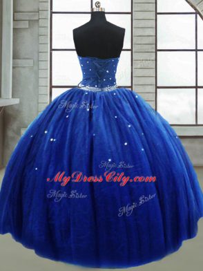 Royal Blue Tulle Lace Up Strapless Sleeveless Floor Length Quince Ball Gowns Beading
