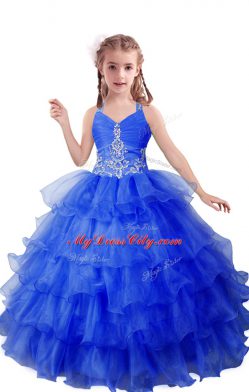 Nice Blue Sleeveless Beading and Ruffled Layers Floor Length Pageant Dress for Womens