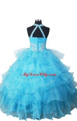 Nice Blue Sleeveless Beading and Ruffled Layers Floor Length Pageant Dress for Womens