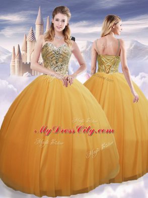 Gold Tulle Lace Up 15 Quinceanera Dress Sleeveless Floor Length Beading