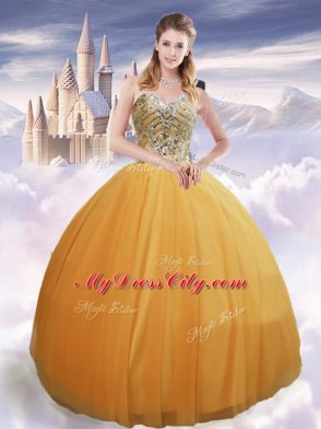 Gold Tulle Lace Up 15 Quinceanera Dress Sleeveless Floor Length Beading