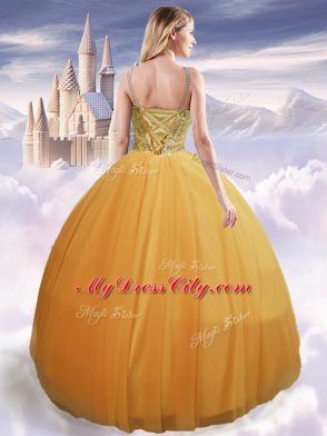 Gold Tulle Lace Up 15 Quinceanera Dress Sleeveless Floor Length Beading