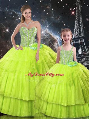 Flirting Yellow Green Organza Lace Up Sweetheart Sleeveless Floor Length Sweet 16 Dresses Ruffled Layers