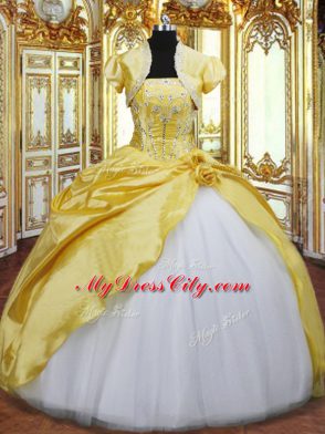 Charming Gold Quinceanera Dresses Military Ball and Sweet 16 and Quinceanera with Beading and Hand Made Flower Strapless Sleeveless Lace Up