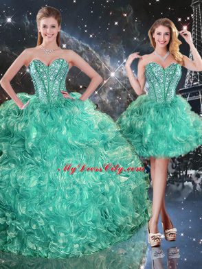 Turquoise Sweet 16 Dress Military Ball and Sweet 16 and Quinceanera with Beading and Ruffles Sweetheart Sleeveless Lace Up