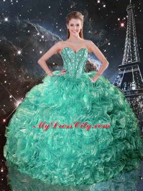 Turquoise Sweet 16 Dress Military Ball and Sweet 16 and Quinceanera with Beading and Ruffles Sweetheart Sleeveless Lace Up