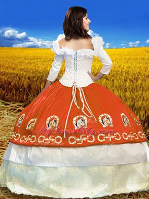 Orange Red Ball Gowns Off The Shoulder 3 4 Length Sleeve Taffeta Floor Length Lace Up Embroidery Quinceanera Gowns