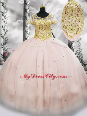 Scoop Short Sleeves Tulle Sweet 16 Quinceanera Dress Beading Lace Up