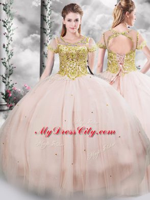 Scoop Short Sleeves Tulle Quince Ball Gowns Beading Lace Up