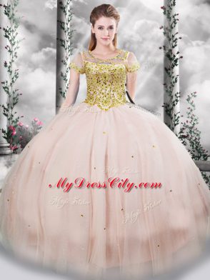 Scoop Short Sleeves Tulle Quince Ball Gowns Beading Lace Up