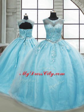 Lace Up Vestidos de Quinceanera Aqua Blue for Military Ball and Sweet 16 and Quinceanera with Beading Brush Train