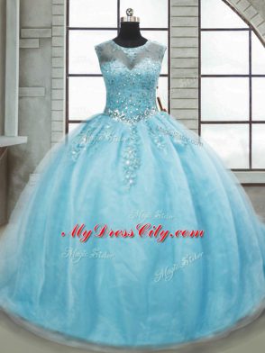 Lace Up Vestidos de Quinceanera Aqua Blue for Military Ball and Sweet 16 and Quinceanera with Beading Brush Train