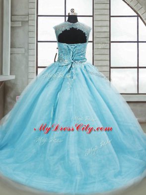 Lace Up Vestidos de Quinceanera Aqua Blue for Military Ball and Sweet 16 and Quinceanera with Beading Brush Train