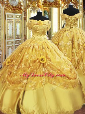 Gold Ball Gowns Beading and Appliques and Hand Made Flower Vestidos de Quinceanera Lace Up Tulle Sleeveless Floor Length