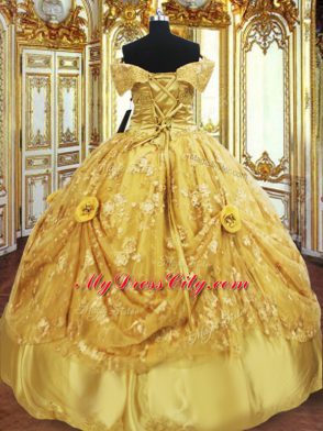 Gold Ball Gowns Beading and Appliques and Hand Made Flower Vestidos de Quinceanera Lace Up Tulle Sleeveless Floor Length
