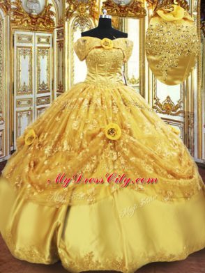 Gold Ball Gowns Beading and Appliques and Hand Made Flower Vestidos de Quinceanera Lace Up Tulle Sleeveless Floor Length