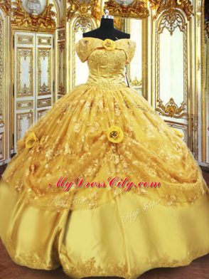 Gold Ball Gowns Beading and Appliques and Hand Made Flower Vestidos de Quinceanera Lace Up Tulle Sleeveless Floor Length