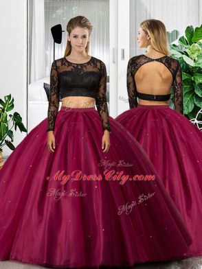 Beautiful Fuchsia Long Sleeves Tulle Backless Quince Ball Gowns for Military Ball and Sweet 16 and Quinceanera