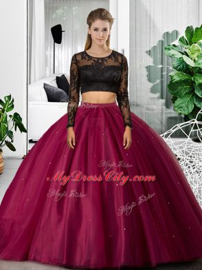 Beautiful Fuchsia Long Sleeves Tulle Backless Quince Ball Gowns for Military Ball and Sweet 16 and Quinceanera