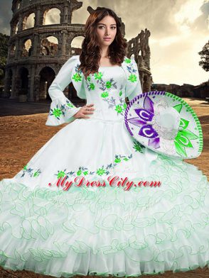 Floor Length White Quinceanera Gowns Square Long Sleeves Lace Up