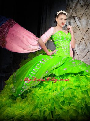 Best Sweetheart Sleeveless Brush Train Lace Up Quinceanera Gowns Organza