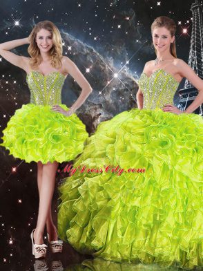 Yellow Green Sleeveless Floor Length Beading and Ruffles Lace Up Sweet 16 Dresses
