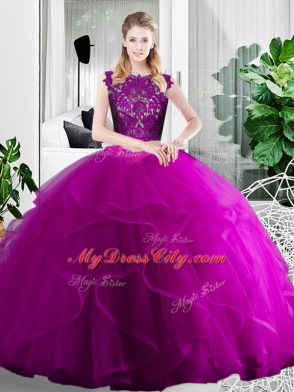 Fantastic Fuchsia Two Pieces Scoop Sleeveless Tulle Floor Length Zipper Lace and Ruffles Sweet 16 Quinceanera Dress