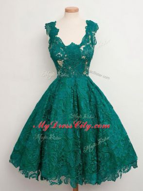 Lace Straps Sleeveless Lace Up Lace Bridesmaid Gown in Dark Green